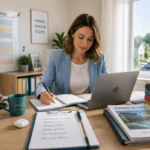 Agent immobilier travaillant à domicile, organisant sa journée entre ordinateur, calendrier et dossiers de propriétés