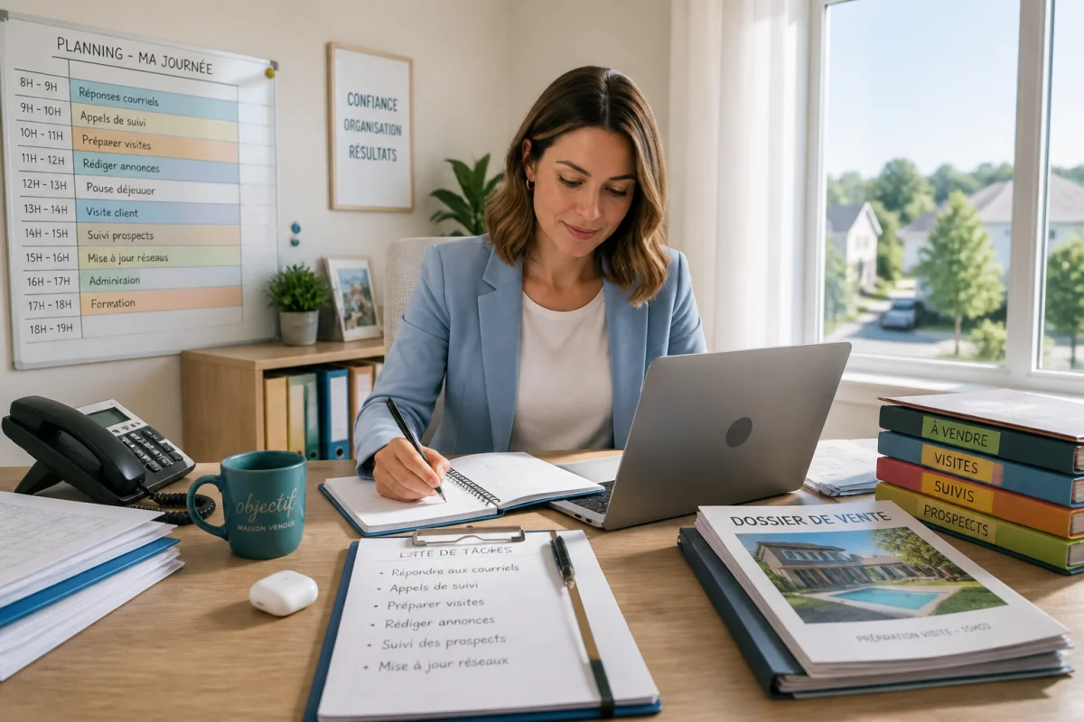 Agent immobilier travaillant à domicile, organisant sa journée entre ordinateur, calendrier et dossiers de propriétés