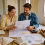 Couple d’acheteurs étudiant un devis et un budget pour des travaux de rénovation avant achat immobilier