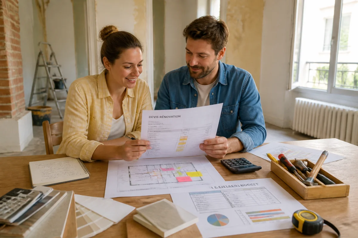 Couple d’acheteurs étudiant un devis et un budget pour des travaux de rénovation avant achat immobilier