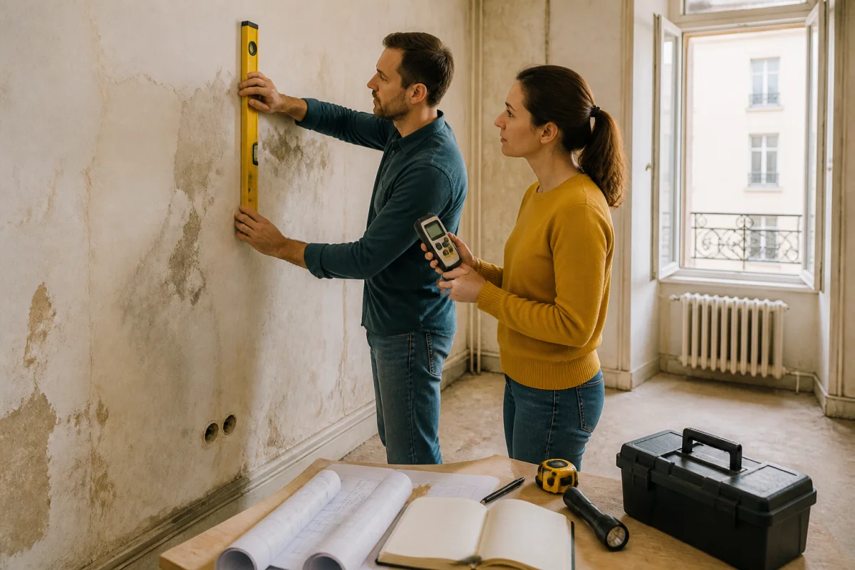 Deux adultes inspectent un mur humide avec outils lors de travaux de rénovation avant achat immobilier.